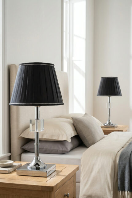 Kreatos Gümüş-Siyah Pileli Çift Abajur