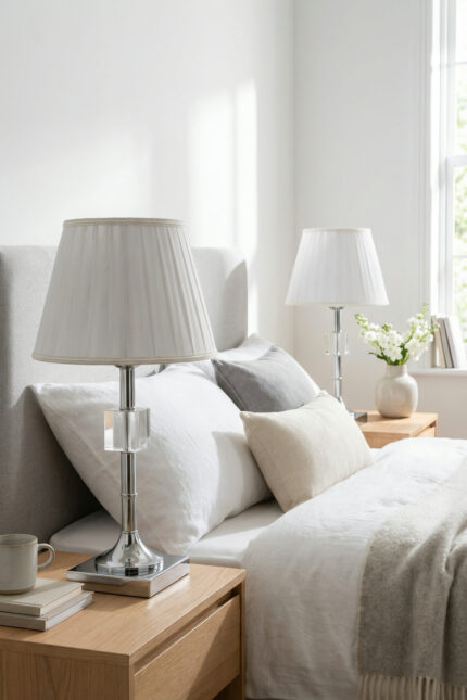 Kreatos Gümüş-Beyaz Pileli Çift Abajur