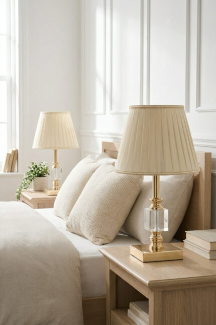 Klasik Julina Tek Küp Gold-Krem Pileli Çift Abajur