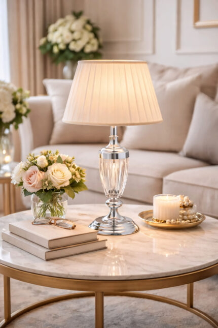 Jasmin Gümüş-Beyaz Pileli Abajur